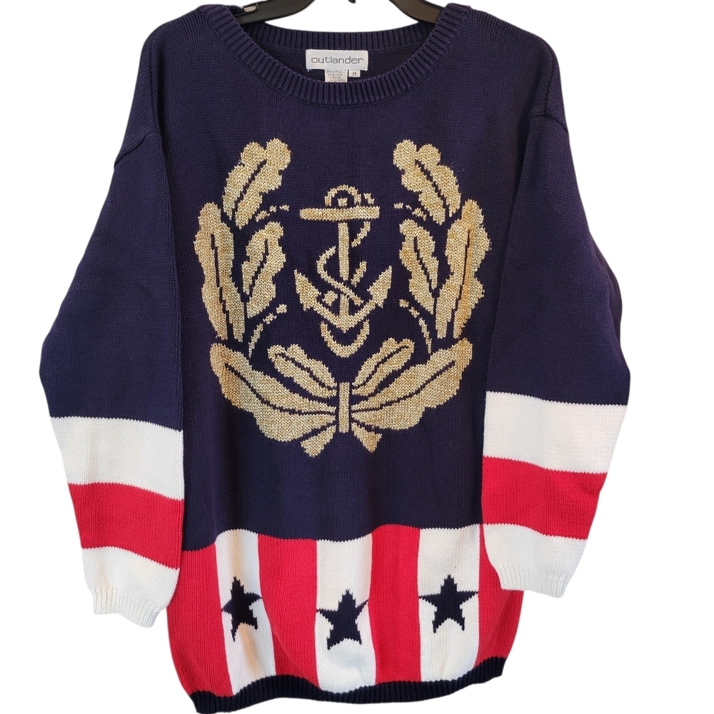 Vintage Outlander Nautical Navy Red White Gold Oversized Knit Sweater